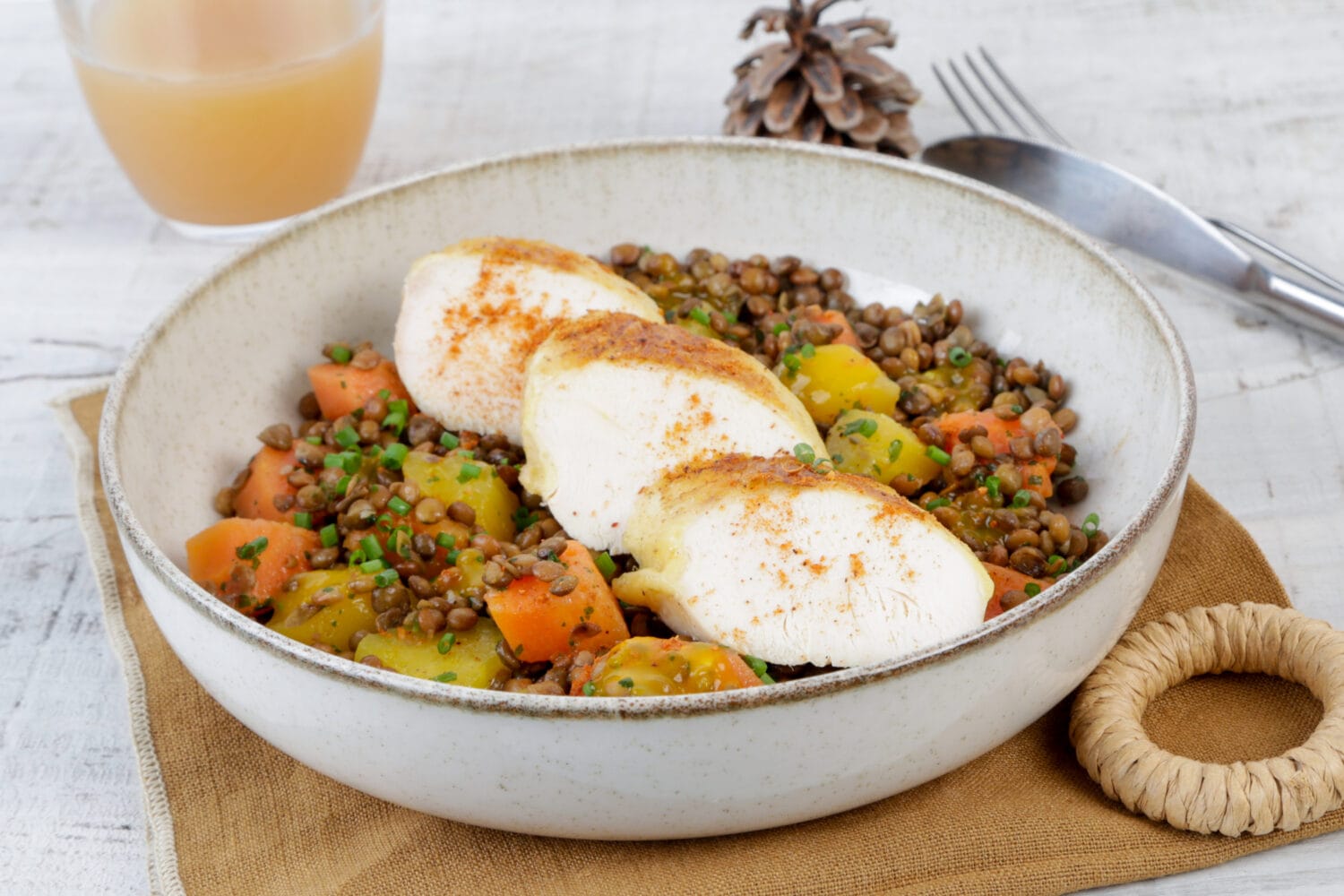 Poulet au piment jaune et lentilles